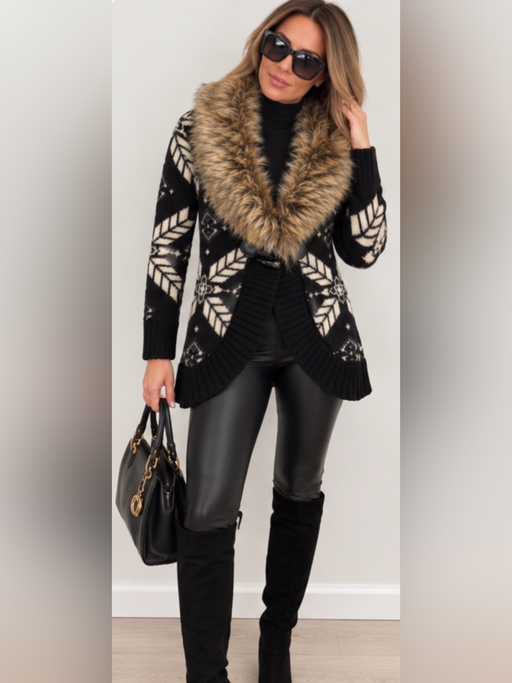 Ralph Lauren Black and Ivory Faux-Fur Trim Patterned Cardigan